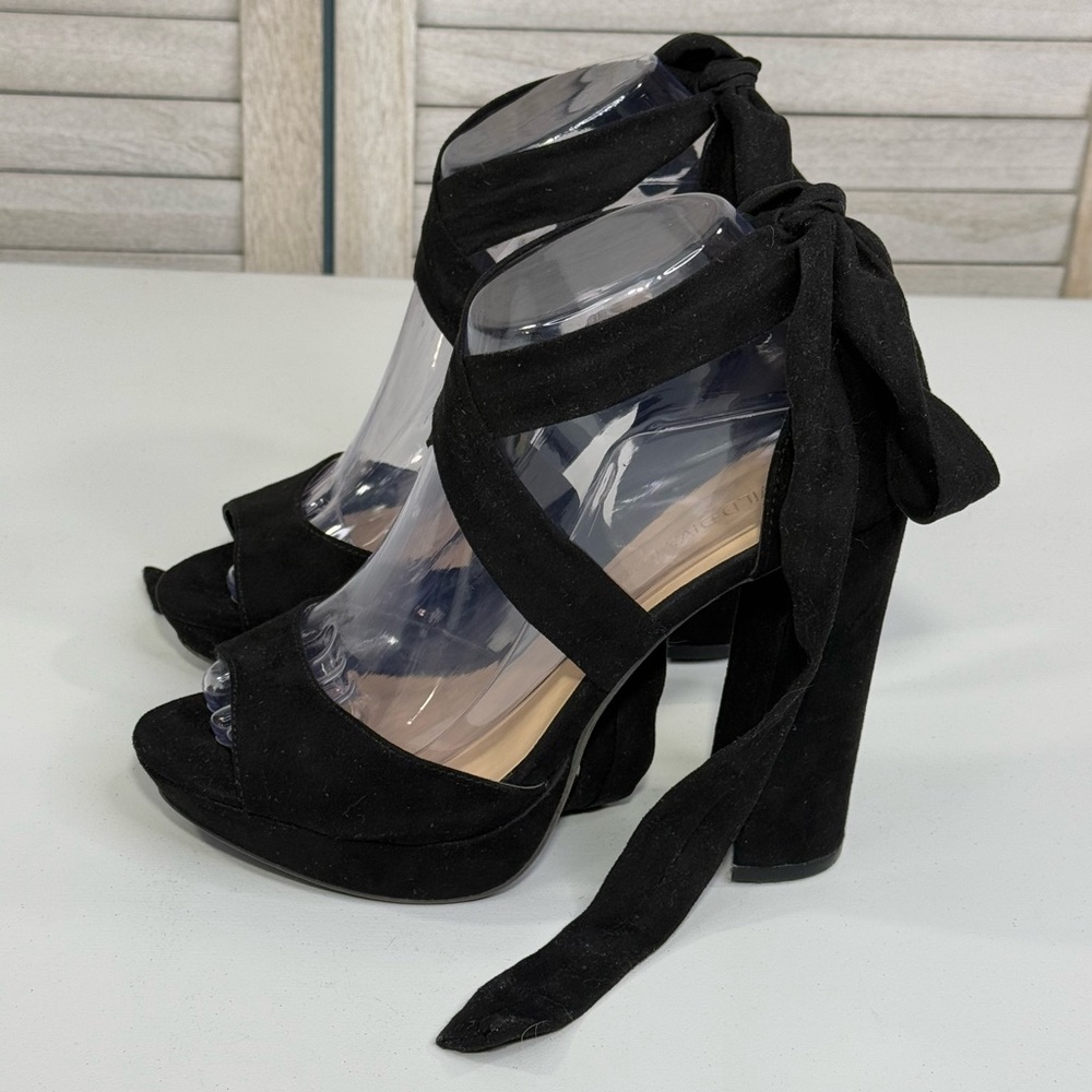 WILD DIVA Lace Up Platform Peeptoe Sandal Faux Suede Block Heel Black- 7.5